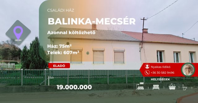 Eladó családi ház, Balinkán 19 M Ft, 2 szobás